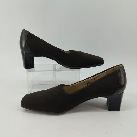 Talbots Sheridan Dark Brown Pumps Square Heel Stretch Fabric & Leather Upper 8.5 - Picture 2 of 7
